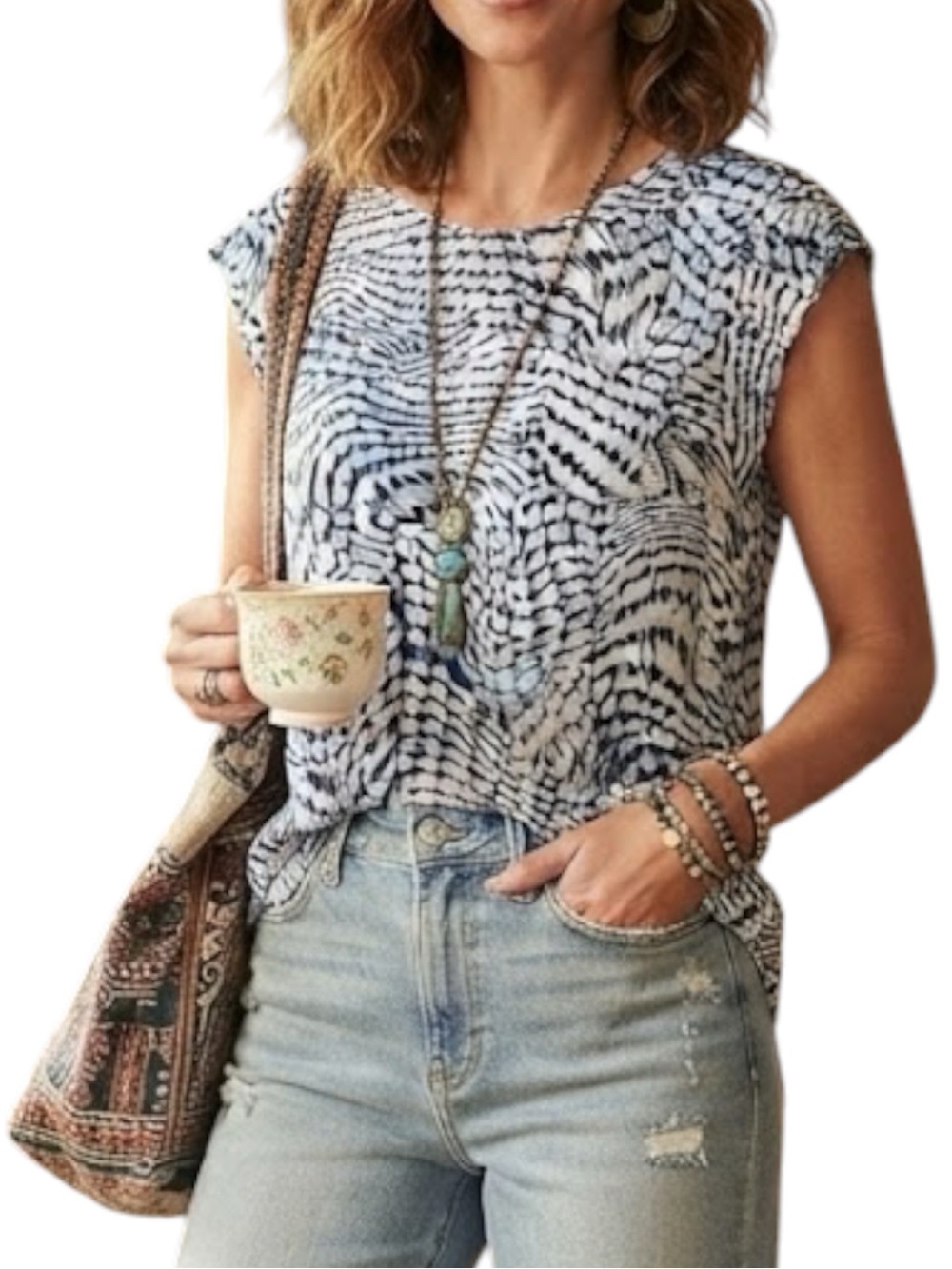 ANTHROPOLOGIE VIOLET & CLAIRE Mermaid Print Blouse With Cap Sleeves Blue Small